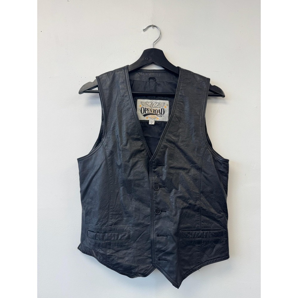 Open Road Vest Mens‎ Small Black Leather Biker Motorcycle Western Button Front